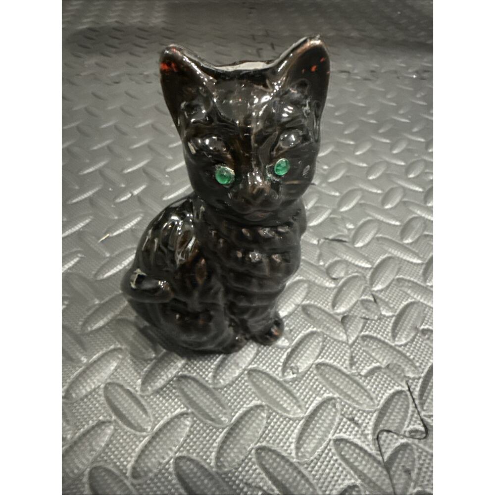 Vintage Redware Black Cat Figurine With Green Jewel Eyes 6" tall/Japan